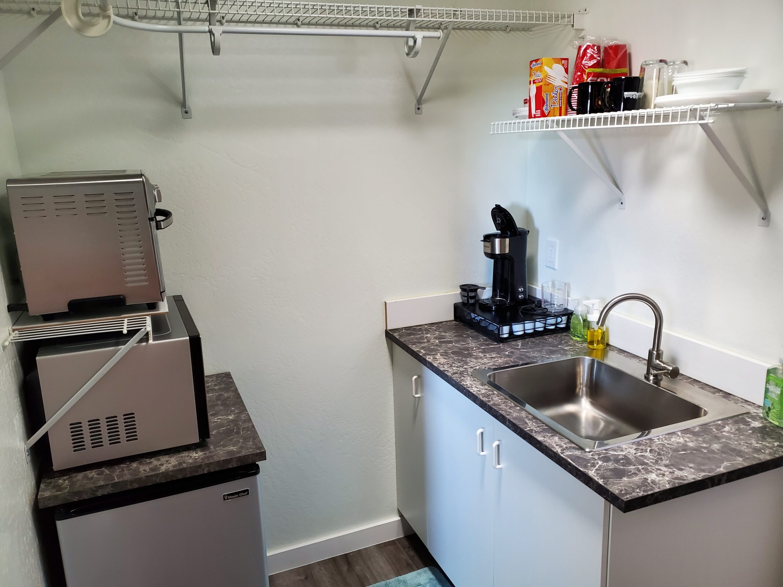 Kitchenette, microwave, toaster oven, Keurig